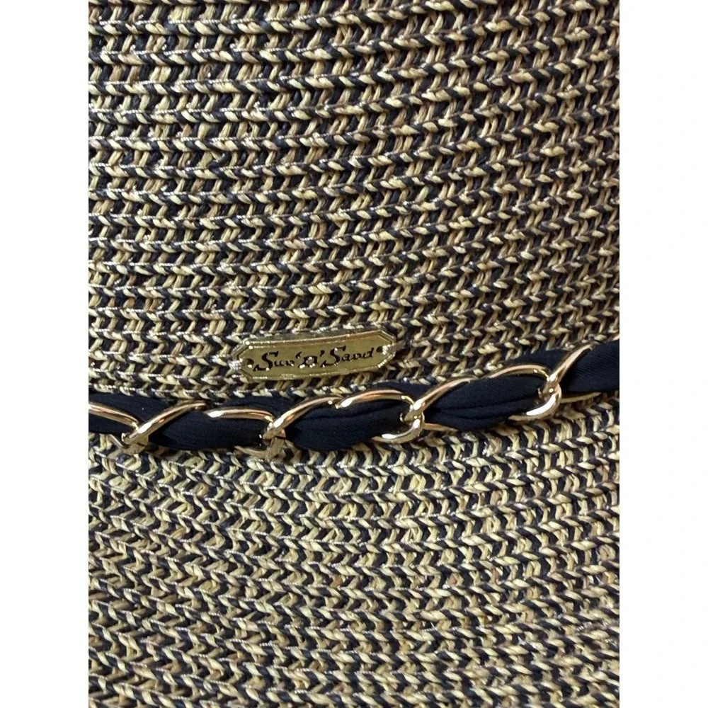 Sun N Sand Womens Wide Brim Straw Hat UPF 50+ Black Tan Gold Chain Bow Accent